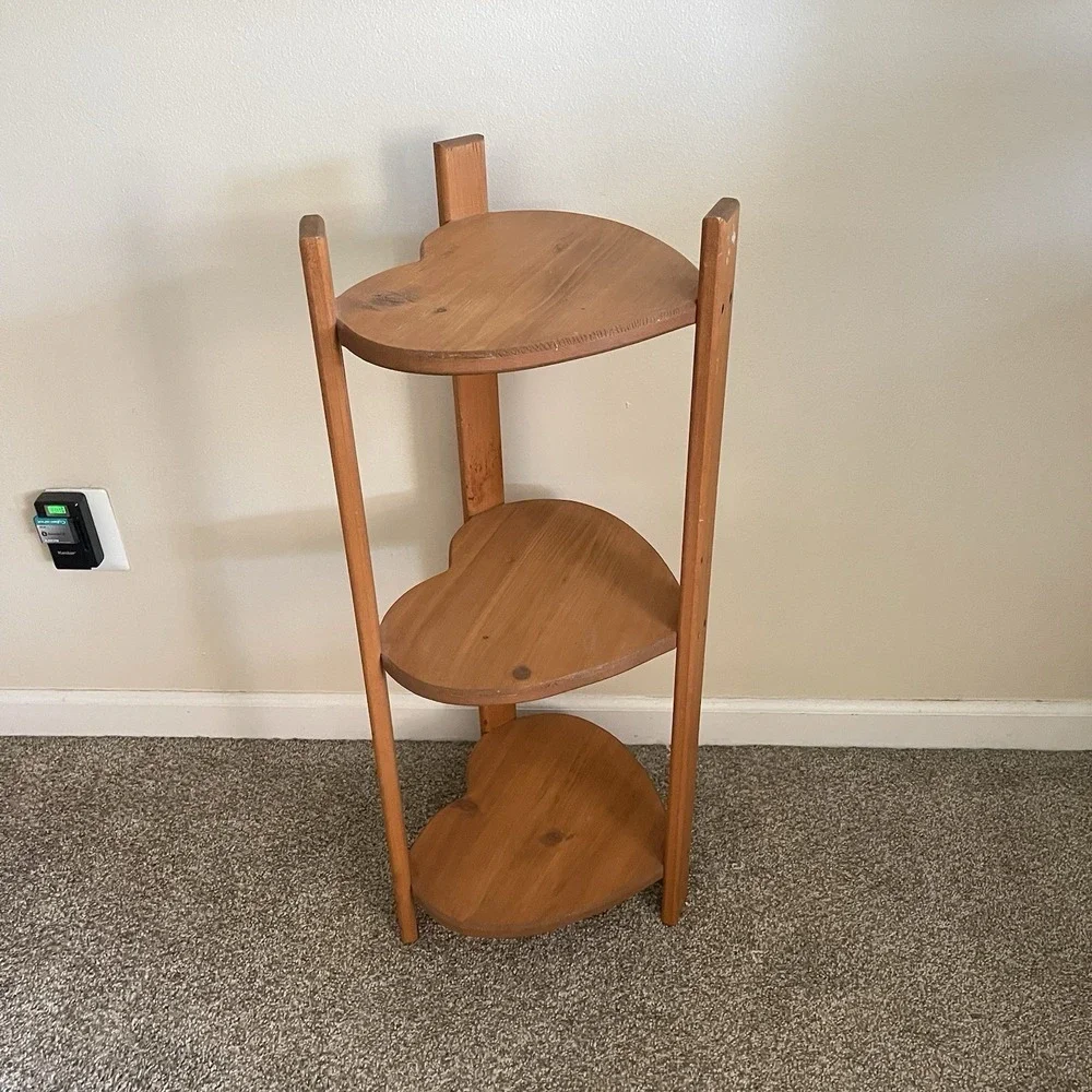 Vtg Wood HEART Free Standing Shelf Side Table 3 Tier Cottage Farm Granny 32